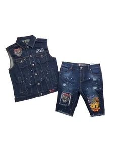 men Kiss 100% Authentic 2p Set Collared Vest size Medium & Shorts size 32 blue - Picture 1 of 9
