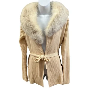 Vintage Robert Meshekoff Sweater Women Small Cream Cardigan Fur Collar 60s 70s - Picture 1 of 13