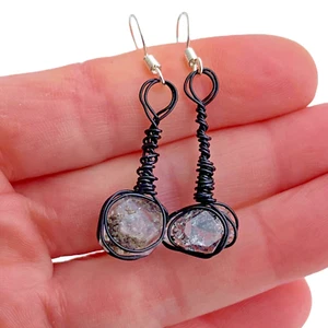 Anthraxolite Herkimer Diamond Dangle Earrings Black Wire Wrap Goth Gift Jewelry - Picture 1 of 12