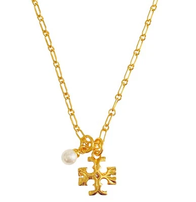 Auth NEW Tory Burch GOLD Thin ROXANNE Glass Pearl & Logo Pendant Necklace - Imagem 1 de 4