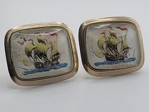 REVERSED PAINTING MOP PIRATE SAILBOAT SHIP LARGE VINTAGE CUFFLINKS  - Picture 1 of 15