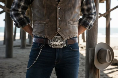 Uomo Scuro Argento Colore Metallo Cintura Fibbia Cervo Natura Hunter Western - Immagine 1 di 4