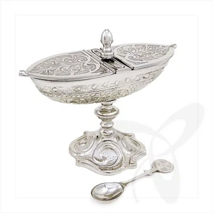 2946 incense boat with hinged lid and spoon, Solid Brass Nickel Plated - Picture 1 of 1