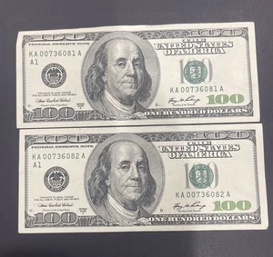 Two Sequential $100 bills Series 2006  007 ￼ Low serial number - Picture 1 of 1