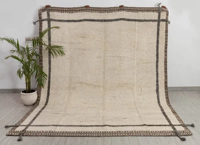 Hand Knotted Moroccan Berber Wool Rug Color Ivory Grey Brown Design Carpet Rug - Image 1 of 4