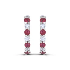 14K White Gold Ruby & Diamond Hoop Earrings for Women - Picture 1 of 2