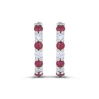 14K White Gold Ruby & Diamond Hoop Earrings for Women - Image 1 of 2