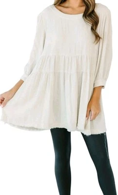 Mujer Beige Babydoll Mezcla de Lino Dobladillo Deshilachado Lagenlook Boho Festival Top Talla M Foto 1 de 4
