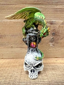 Dragon On Skull Green Resin Figurine 4" x 2.5" - Picture 1 of 4