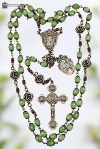 Virgin Mary & Immaculate Heart, Roses Heirloom Rosary - Bronze | Green Red Jade - Picture 1 of 7