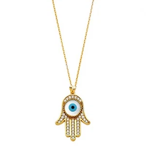   Collar de Mano Hamsa Mal de Ojo 14KY con Diamantes Hechos por el Hombre - 17+1" - Imagen 1 de 1