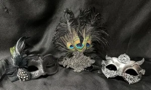 Mardi Gras Venetian Style Masks (2) & One Headdress Bejeweled Feathers OSFM - Picture 1 of 12