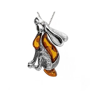 Moon Gazing Hare Amber Pendant Sterling Silver 925 Cognac Gemstone - Picture 1 of 1