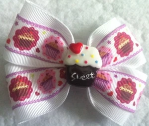 Girls Hair Bow 4" Wide Cupcake White Pink Purple Grosgrain Ribbon Alligator Clip - Picture 1 of 3