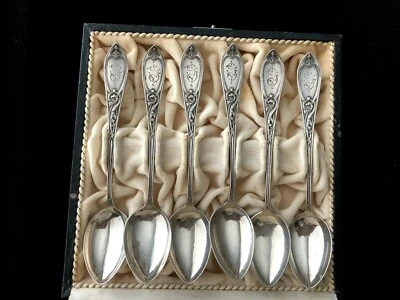 Cucharas de plata antiguas noruegas Art Nouveau de los años 830 (6) criaturas mitológicas 1876 Foto 1 de 4