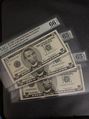 1999 consecutive federal reserve Boston star notes Low # ,Gem Unc PMG 65/66 - Image 1 of 4