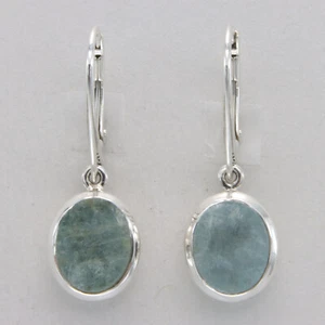 925 Sterling Silver - Natural Raw Natural Cut Blue Oval Aquamarine Earrings - Picture 1 of 8