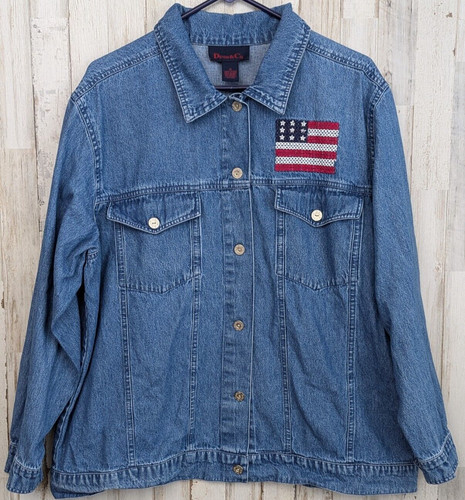 VETEMENTS Giacca camionista denim bandiera USA Denim & Co donna più 1 x ricamata patriottica