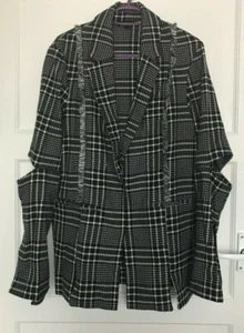 Topshop Black White Check Tartan Cut Out Sleeve Jacket UK Size 10 Collar - Picture 1 of 5