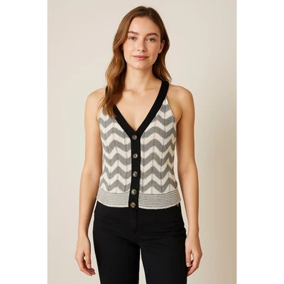 Otoño Cachemira Suéter Mujeres XS Blanco Gris Chevron Tejido Botón Cárdigan Chaleco Foto 1 de 4