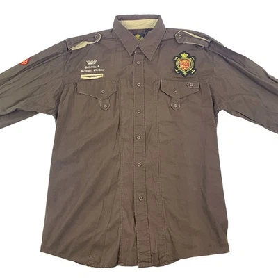 VTG Old Skool Jeans Co Shirt Mens Sz L Brown Military Style Button Up Gold Patch - Image 1 of 4