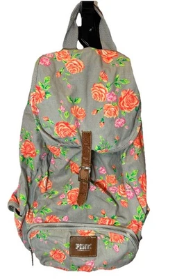 Victoria's Secret 灰色抽绳帆布全尺寸背包霓虹花卉粉色 — 第 1/4 张图片