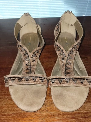 Andrew Geller Women's Beige & Champagne Embellished Low Zip Heel Sandals Size 9M - Image 1 of 4