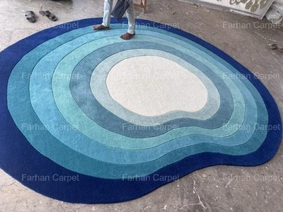 Irregular Blue Modern Design Hand Tufted Wool Area Rug | Handmade Carpet | Soft, - Image 1 of 4