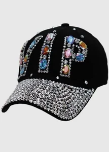 VIP Logo Colorful Gem Bling Rhinestone Embellished Baseball Cap, Black - Picture 1 of 3