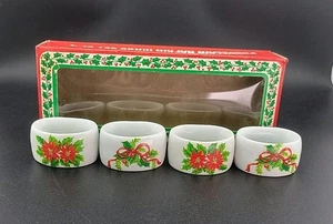 Vintage Set of 4 Christmas Porcelain Napkin Rings Holly & Poinsettias~Artmark - Picture 1 of 9