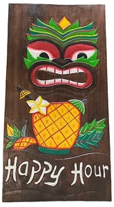 "SIGNO DE HAPPY HOUR DE 20"" CON PIÑA TALLADA A MANO LETRERO DE MADERA ARTE DE PARED BARRA TIKI" - Imagen 1 de 1