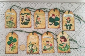 9~St Patrick's Day~Vintage~Retro~Linen Cardstock~Gift~Hang~Tags - Picture 1 of 1