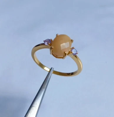 Natural Fire Opal Oval Faceted Ring 925 Silver Gold Plated Handmade Jewelry Gift - Image 1 of 4