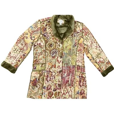 Chaqueta Abrigo Chico's Talla 2 Multicolor Guisante - Poliéster, Usada Forrada de Piel Sintética Foto 1 de 4