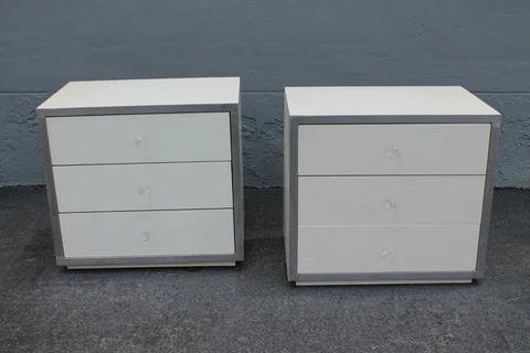PAIR MID CENTURY MODERN c1970's NIGHTSTANDS - WHITE w/ HIGH POLISH ALUM. BAND Cover