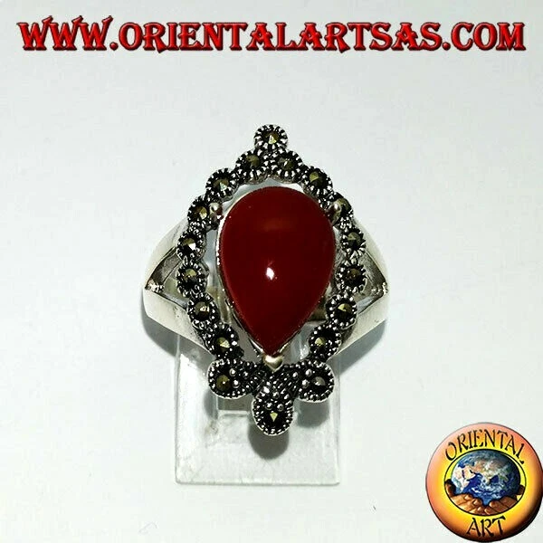 Anello in argento 925 ‰ con corniola a goccia contornata di marcasite - Immagine 1 di 1