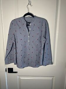 Talbots Floral Embroidery Gingham Print Ruffle Neck Blouse L Petite 100% Cotton