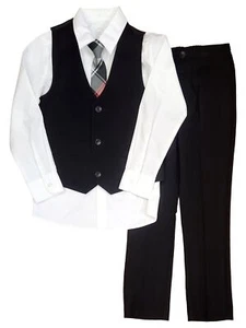 Boys 4 Piece Set White Button Down Shirt Black Vest & Pants Tie Outfit Set - Picture 1 of 1