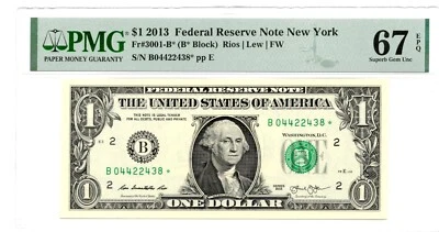 2013 B Duplicate Star Note Error One Dollar Bill B04422438* 67 EPQ FW - Image 1 of 2