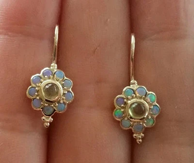 E106 Genuine 9ct Solid Yellow Gold NATURAL Peridot & Opal Blossom Drop Earrings - Image 1 of 3
