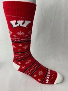 Wisconsin Badgers Ugly Christmas Sweater Snowflake Crew Dress Socks Large Red - Picture 1 of 2