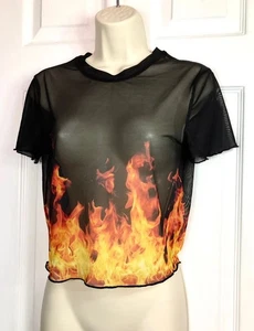 Bershka Black & Orange Short Sleeve Semi Sheer Flame Cropped Blouse Top 10-12 uk - Picture 1 of 9
