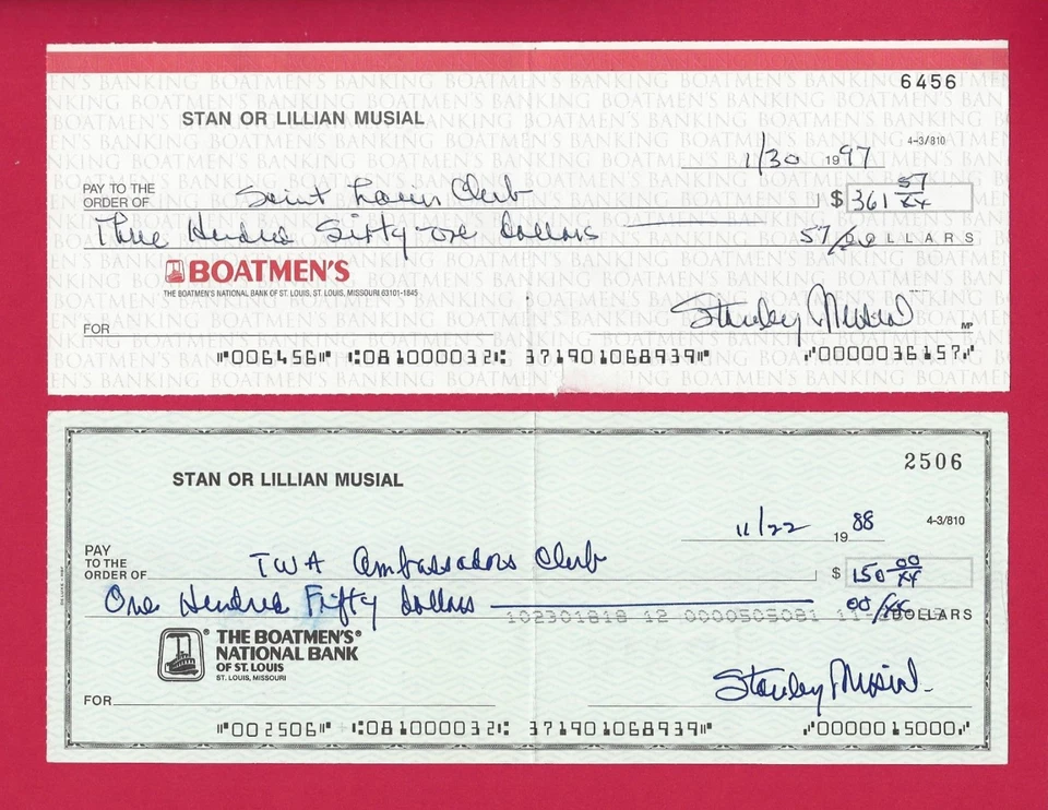 STAN MUSIAL CHECK SIGNED STANLEY ST LOUIS CARDINALS ** NOT STAMPED OVER NAME! ** - Image 1 of 1