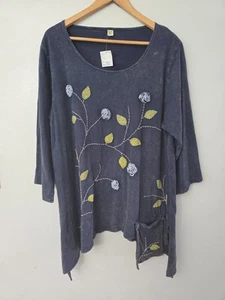 Women’s XXL Blue Floral Mineral Washed Layered Lagenlook Tunic Top Pocket Artsy - Picture 1 of 12