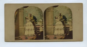 Soldier In Uniform & Young Lady - 1850s Hand Tinted Genre Stereoview - Picture 1 of 2