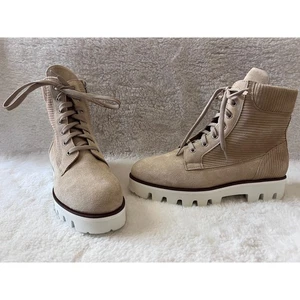 Aquatalia Tan Suede Corduroy Lace-Up Ankle Boots Size 10 Made in Italy Lug Sole - Picture 1 of 10