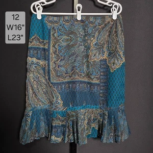 I.N. Falda de Estudio 12 Paisley Bufanda Estampado Verde Azulado Azul Marino Volantes Dobladillo Midi Y2K - Imagen 1 de 5