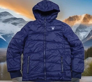 SPYDER PUFFY HOODED JACKET Boy's size Medium 10/12 Navy Warm w/ Cuffs - Picture 1 of 16