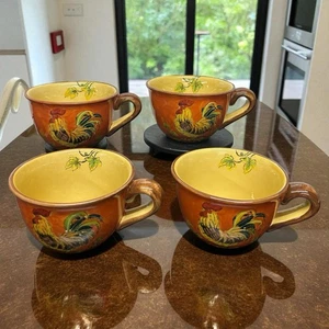 Orange Rooster Soup Cereal Bowl w/Handle Floral Rooster Yellow Inside Set of 4 - Picture 1 of 14