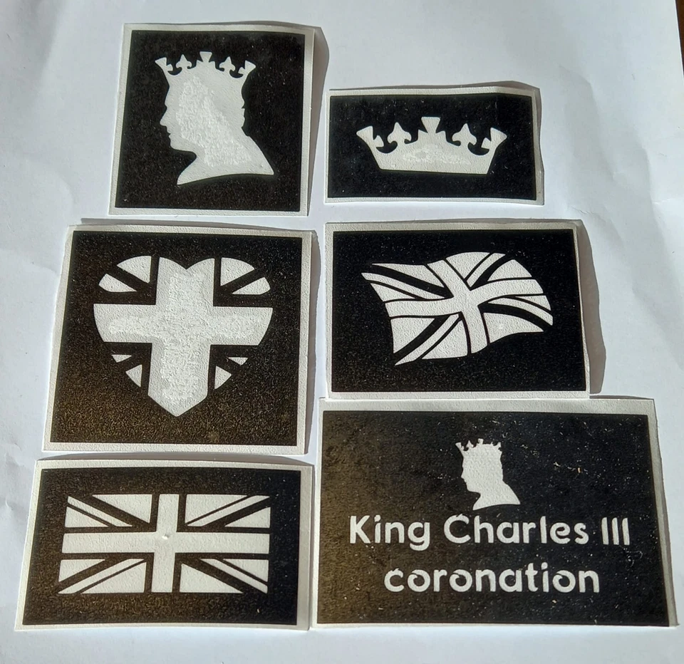 DAZZLE GLITTER TATTOOS 30 x Coronation themed temporary glitter / airbrush stencils King Charles III